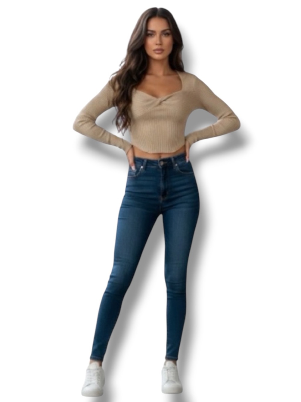 CHYRII NWT Sweater Beige Ribbed Knit Fitted Scoop Neck Long Sleeves Size XL
